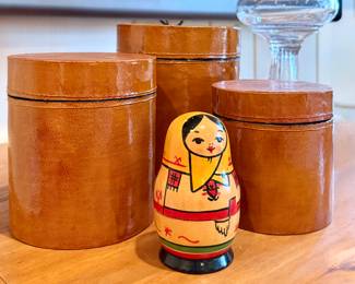 Nesting Doll & Leather Wrapped Canisters