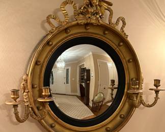 Antique Federal Gilt Mirror with Eagle Ribbons & Sconces