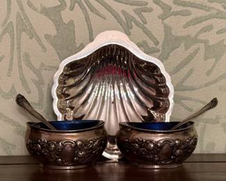 Sterling Silver Shell Dish & Salt Set