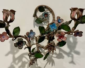 Pair, Antique Italian Tole Floral Wall Sconces