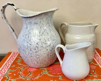 Antique Enamelware and Other Pitchers