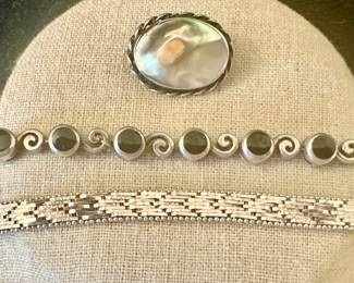 Sterling Silver Blister Pearl Pin & Bracelets