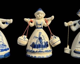 3 Vintage Delft Blue Dutch Girl Bells 
