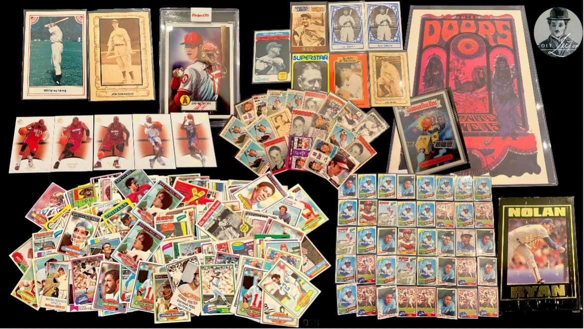 Sports cards that highlights legends like Mickey Mantle, Michael Jordan, Ken Griffey Jr., and more. Also, several vintage concert promotional posters, featuring timeless bands like The Beatles, The Doors, and many others.