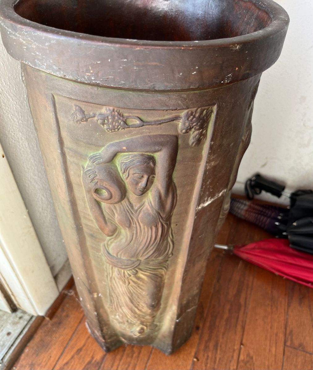 Peters and Reed Moss Aztec Umbrella Stand signed Ferrell’s damaged On the bottom