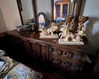 MCM dresser with 2 mirrors, this is a complete bedroom set with dresser, highboy dresser, 2 bedside tables and a king headboard. If interested in this set, please bring a truck or van and assistance to move it