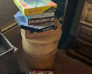 Assorted games and cheese boxes