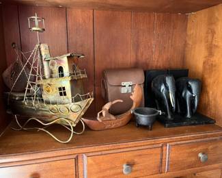 Copper boat. Elephant ebony & bone bookends