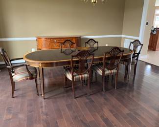 Stickley inlaid dining table with 6 chairs