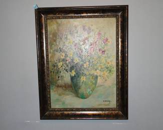 Floral print with great walnut wood framed mirror