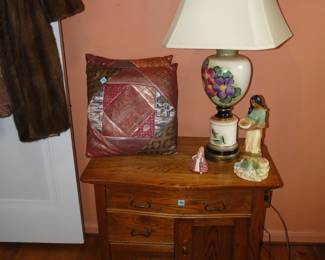 Beautiful oak table, or nightstand, and other fun collectibles