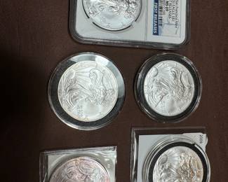 Silver eagle coins, including first strike in case