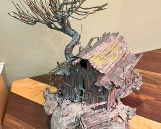 55 Vintage MCM Copper Burlwood Mixed Metal Love Shack Sculpture min