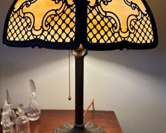 Miller Art Nouveau Bronze Lamp with Slag Glass Shade