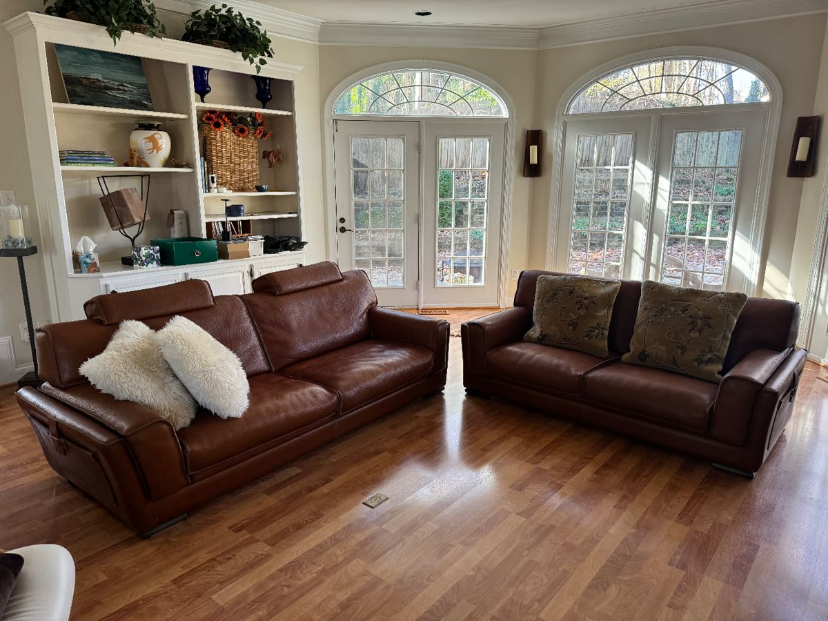 Roche Bobois Buffalo Leather Sofa with Headrests (85"W x 42"D x 27" Back Height) & Roche Bobois Buffalo Leather Loveseat (72"W x 42"D x 27" Back Height)