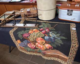 Antique Tapestry, coat rack, washer boards, make-up travel bag, leather wig case