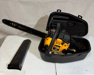 Poulan 16” chain saw with case and new chain.  Replaced carbarator, but was not able to make run.  Very clean and repairable