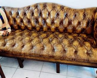 ENGLISH TUFTED GENUINE LEATHER SOFA & TWO WING BACK CHAIRS