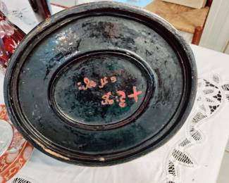VERY OLD JAPANESE BLACK LACQUER BASKET W/FOO DOG HANDLE