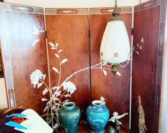 SOLID TEAK SCREEN WITH MOTHER OF PEARL , MIDE CENTURY HANGING BRASS/FROSTED GLASS GLOBE LAMP, CHINESE VASES