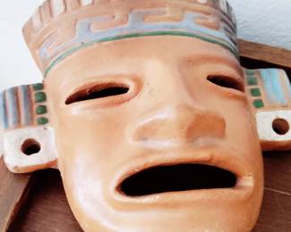 VINTAGE AZTEC STYLE CLAY WALL MASK HAND PAINTED