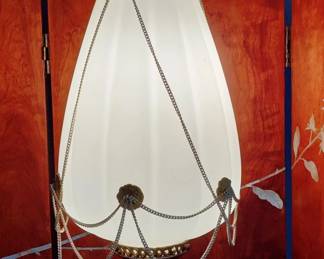 MID CENTURY BRASS & FROSTED GLOBE HANGING LAMP