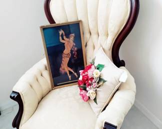 VINTAGE BURLESQUE PRINT OF BELLY DANCER, ANTIQUE VICTORIAN ARM CHAIR, PRISTINE,