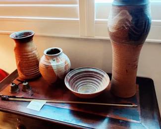 ENGLISH HAND THROWN POTTERY, WITH MAKER'S MARK, VINTAGE and ANTIQUE CHINESE CABINET WITH ORIGINAL WAX SEAL