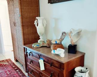 CARVED SOAPSTONE, MARBLE, STATUES, MARBLE SIDEBOARD W/WHEELS, 1870'S, WALNUT & BURL, VICTORIAN TEAR DROP PULLS & A SECRET DRAWER ! LARGE RATTAN BOOKCASE