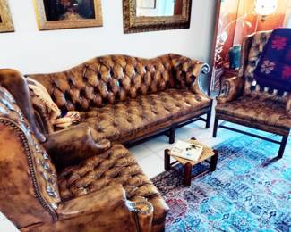 ENGLISH GENUINE TUFTED LEATHER SOFA & 2 WING BACK CHAIRS