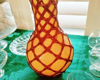 YELLOW CHINESE VASE WRAPPED IN A BASKET WEAVE VINTAGE