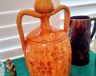 AMPHORA VESSEL IN THE OLD STYLE OF POTTERY GOING BACK TO GREEK AND ROMAN TIMES, DECORATION IS ALL HAND WORK
