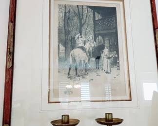 FRAMED ETCHING WITH HAND PAINTED FRAME ANTIQUE