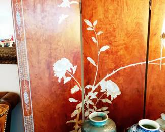 SOLID TEAK SCREEN WITH MOTHER OF PEARL - VERY HEAVY
