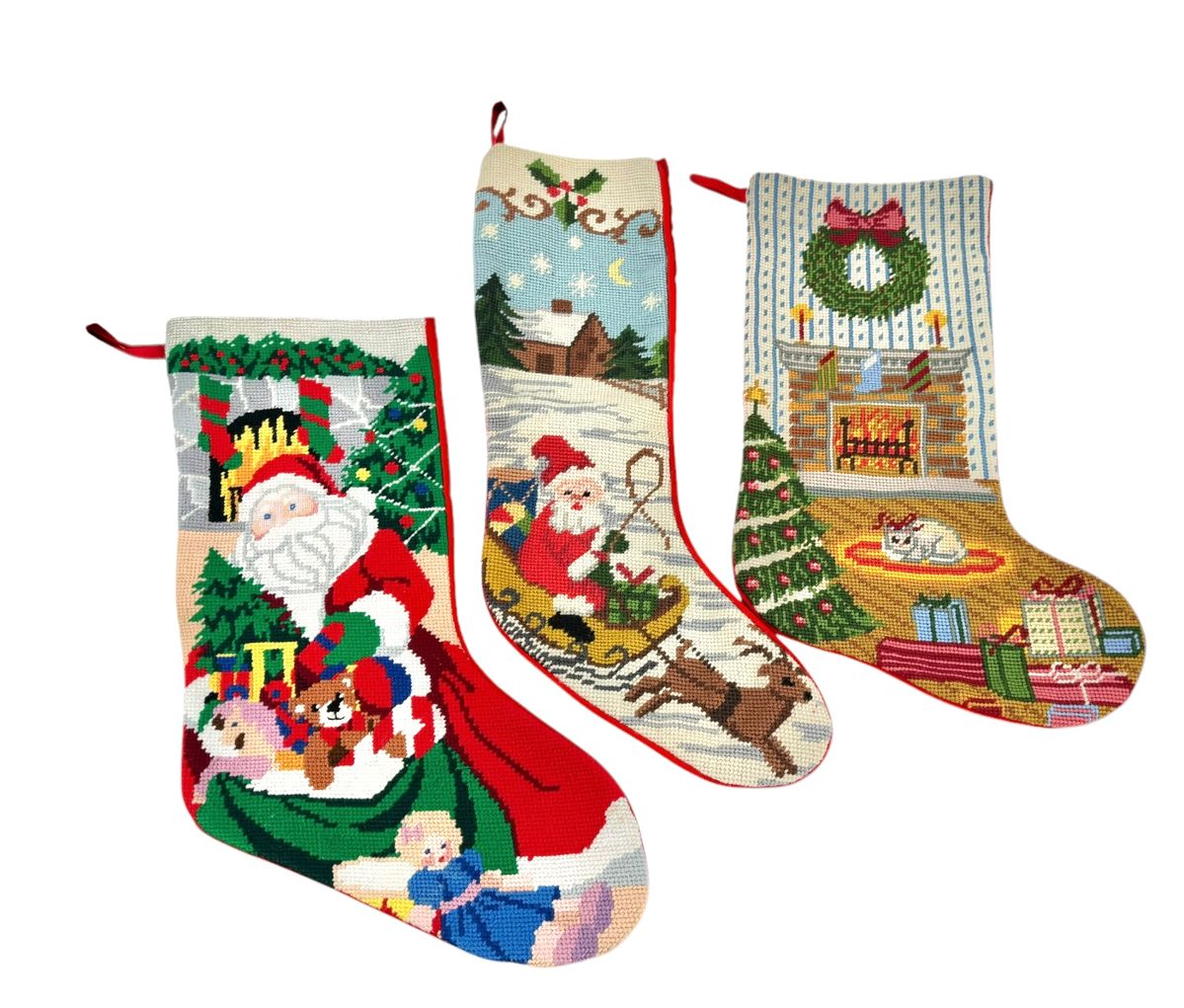  Vtg Needlepoint Christmas Stockings 