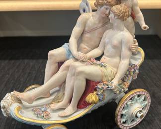 Meissen Porcelain Figures of Zephyr the God of the West Wind and Flora Goddess of Flowers and Spring Also Cupid rides the Chariot 