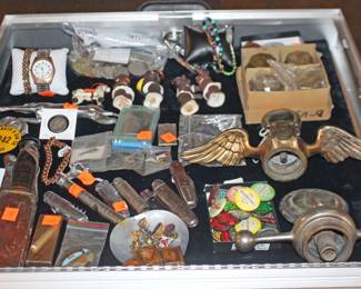 Knives, Tiny Antique Brass Frame, Hood Onaments, Pins, Coins