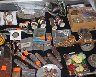 Variety of Collectibles Knives, Pins, Watch, S P, Coins