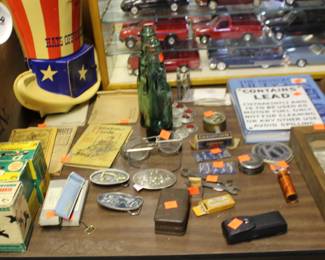 Vintage bottles, Pins, Ammo, Car Books, More