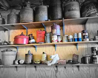 Various Oil and Vintage Gas cans