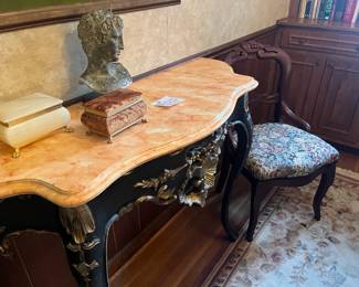  009 Black Wood Table With Stone Top And Chair