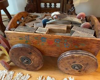Early 1900's Children's Wagon for Building Blocks, Circa 1930's Toy Tinkers Bunny Pull Toy