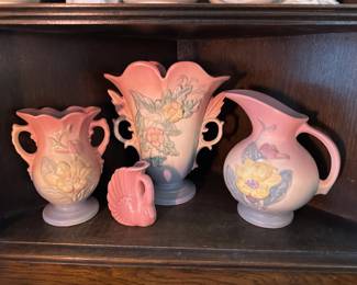 Hull Art Pottery 2 Handle Magnolia  5" Vase, Hull Art Pottery Wildflower 8 1/2" Vase, Hull Art Pottery Magnolia Pitcher, Pink Pottery Swan Bud Vase