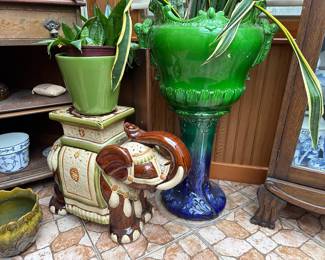 Mature Sansevieria Plants, Large Ceramic Elephant Plant Stand/Stool, Art Nouveau Majolica Green Jardiniere with Blue/Green Stand