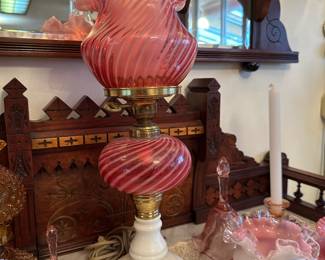 Victorian Pink Swirl Glass Hurricane Lamp with Milk Glass Base, Pink/White Ruffle Edge Double Glass Vase 