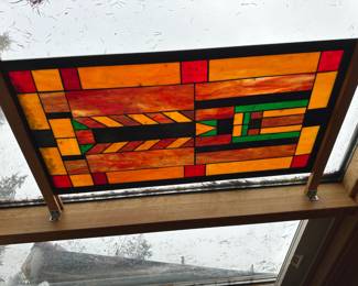 American Prairie Style Multicolored Stained Glass Rectangular Window Panel