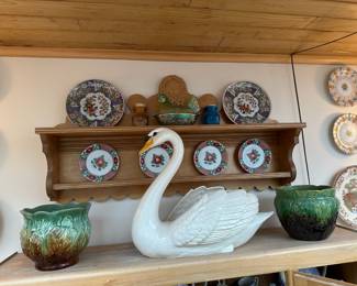 Ceramic Full Figural Swan Centerpiece Bowl, Indiana Blue Depression Glass Hen on Nest Covered Dish,