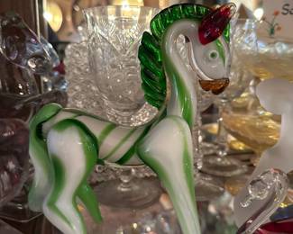Blown Glass Green, White & Red Horse Figurine