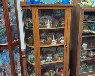 Oak Curved Beveled Glass Curio Cabinet