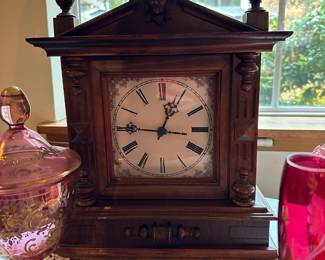 Wood Carved German Style Mantle Clock, Pink Glass Covered Candy Dish with Painted Gold Design